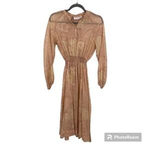 Vintage Route One Semi Sheer Floral Knee Length Midi Dress S 60s 70s Smocked